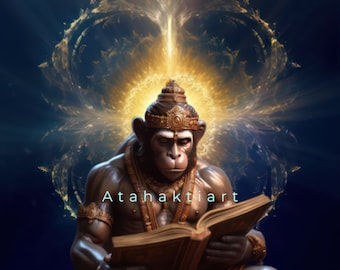 Lord Hanuman Reading a Book | Lord Hanuman | Prosperity | Divine God | Hinduism | Digital art | Instant download | home Décor | Unique art
