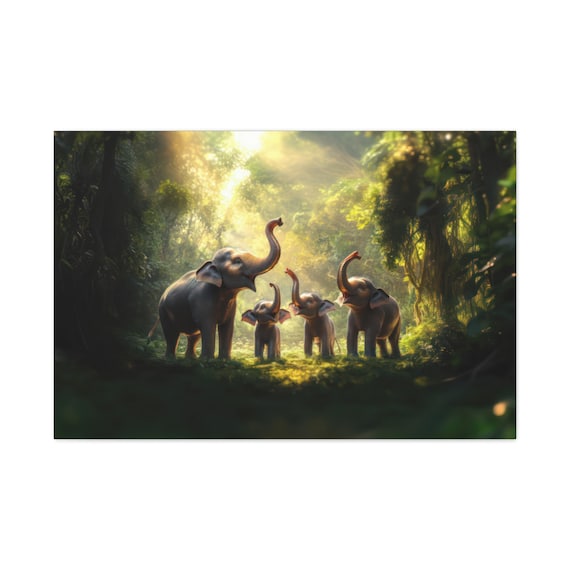 Stampa Su Tela Quadro Elefanti Nella Foresta - Arte Moderna Da Parete 40x30 Cm - Decorazione Casa Con Animali Selvaggi - Tela 260GSM Su Telaio In Legno Di Pino