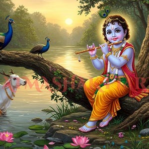 Baby Krishna Flute Art: Hindu God Landscape (Digital Download)