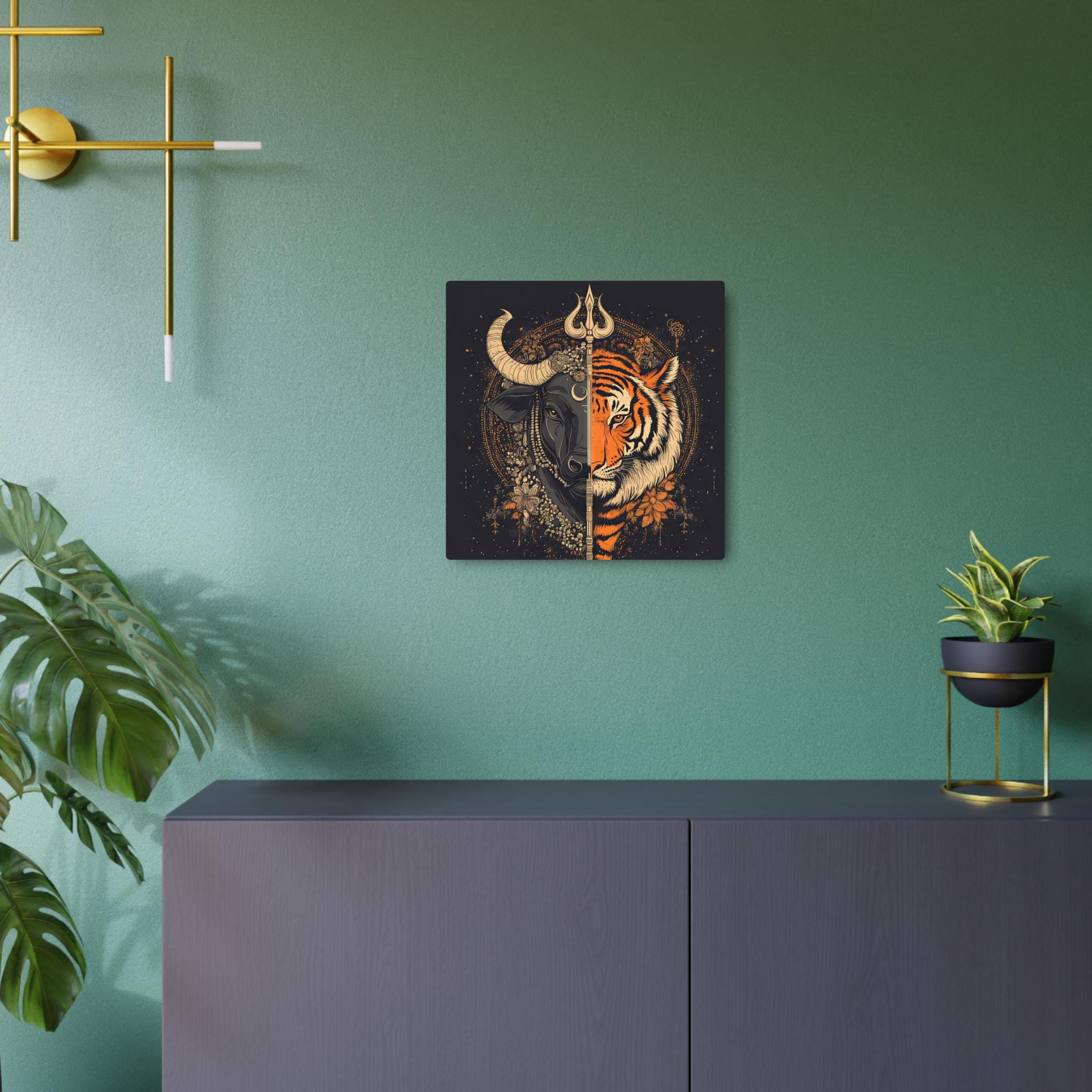 シヴ・シャクティ メタルアートサイン：雄牛と虎のエネルギーの融合