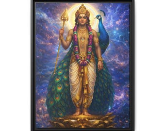 May include: A framed canvas print featuring a vibrant illustration of a deity adorned with gold jewelry, holding a spear, and standing before a peacock. The background is a celestial scene with swirling blues and purples, and a bright halo.