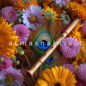Puede incluir: Una flauta de madera con una pluma de pavo real y flores de colores. La flauta es marrón y tiene un diseño decorativo. Las flores son rosas, amarillas y naranjas.