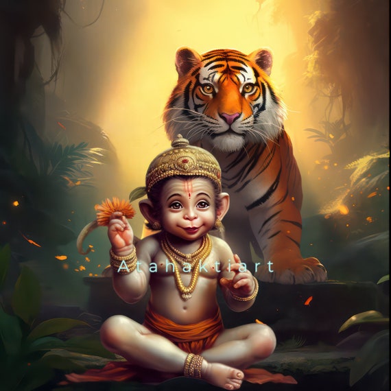 Lord hanuman with a tiger baby hanuman hindu god Monkey God Buddhist art digital art Instant download Hanumanji