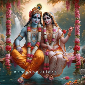 Lord Krishna and Radha  sitting in a floral swing| Lord Krishna | Goddess Radha| digital download | instant download | High quality | Radhe