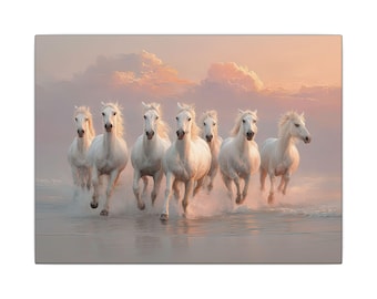 Wall Art: 7 Running White Horses in Water, Matte Canvas Print, Stretched, 0.75&quot; (Multi-Size), Home Decor, Horse Lover Gift, Nature Art,