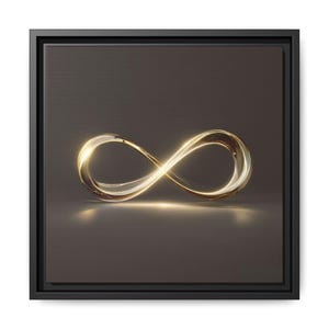 May include: A framed canvas print displaying a gold infinity symbol with a 3D effect. The symbol glows against a dark background. The artwork is presented within a black frame, creating a modern aesthetic.