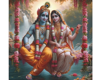 Lord Krishna and Radha  sitting in a floral swing| Lord Krishna | Goddess Radha | Canvas Art | Home Decor | High quality | Radhe