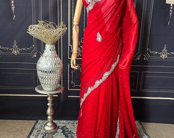 Red Chiffon Saree with embroidery