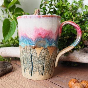 large handmade ceramic cup Sage Leaf// 500ml//potted//pink, turquoise, pink//drinking vessel, tea cup, coffee cup, mug//gift image 1