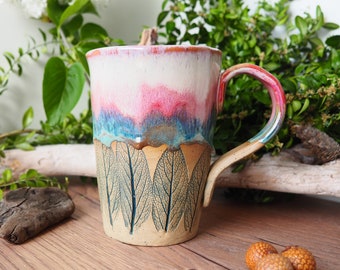 große handgemachte Keramiktasse "Salbeiblatt"// 500ml//getöpfert//rosa,türkis,pink//Trinkgefäß, Teetasse, Kaffeetasse,Becher//Geschenk