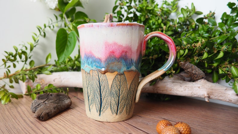 large handmade ceramic cup Sage Leaf// 500ml//potted//pink, turquoise, pink//drinking vessel, tea cup, coffee cup, mug//gift image 1