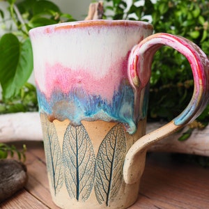 large handmade ceramic cup Sage Leaf// 500ml//potted//pink, turquoise, pink//drinking vessel, tea cup, coffee cup, mug//gift image 3