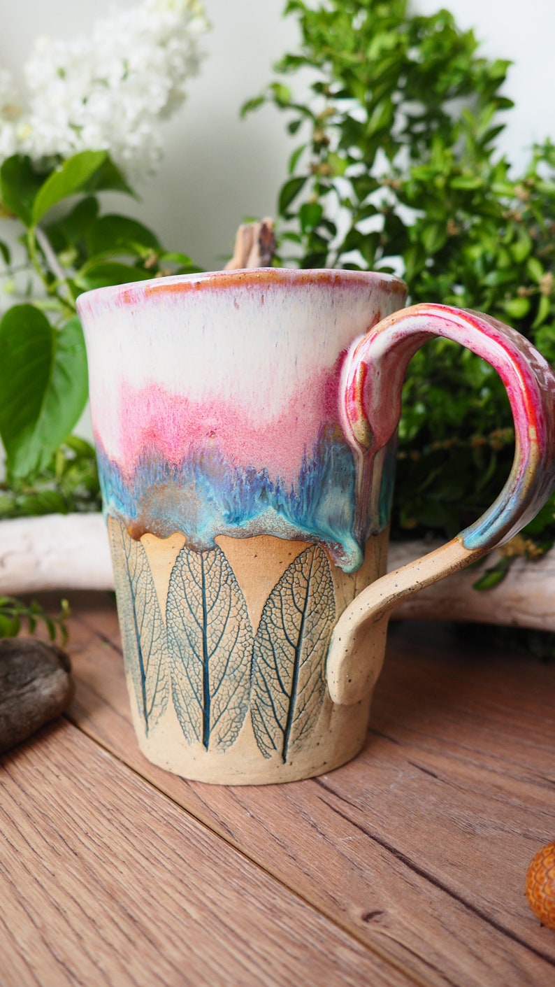 large handmade ceramic cup Sage Leaf// 500ml//potted//pink, turquoise, pink//drinking vessel, tea cup, coffee cup, mug//gift image 3