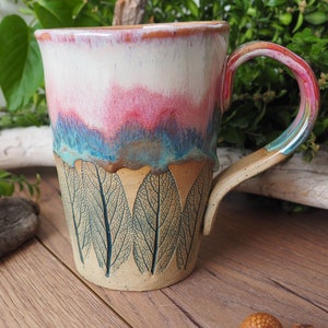 large handmade ceramic cup Sage Leaf// 500ml//potted//pink, turquoise, pink//drinking vessel, tea cup, coffee cup, mug//gift image 4