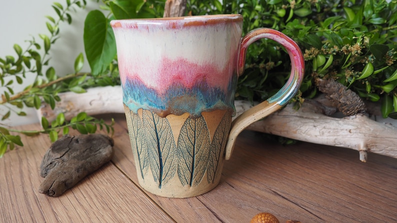 large handmade ceramic cup Sage Leaf// 500ml//potted//pink, turquoise, pink//drinking vessel, tea cup, coffee cup, mug//gift image 4