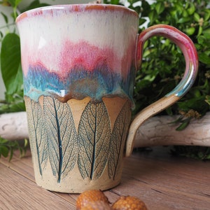 large handmade ceramic cup Sage Leaf// 500ml//potted//pink, turquoise, pink//drinking vessel, tea cup, coffee cup, mug//gift image 10