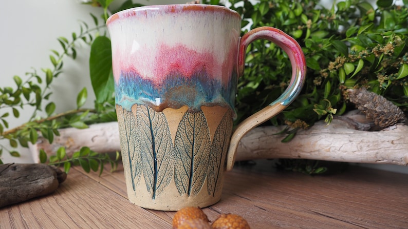 large handmade ceramic cup Sage Leaf// 500ml//potted//pink, turquoise, pink//drinking vessel, tea cup, coffee cup, mug//gift image 10