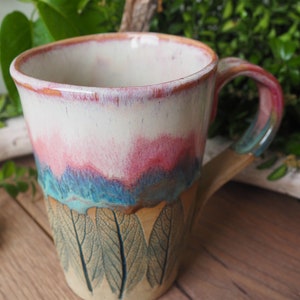 large handmade ceramic cup Sage Leaf// 500ml//potted//pink, turquoise, pink//drinking vessel, tea cup, coffee cup, mug//gift image 6