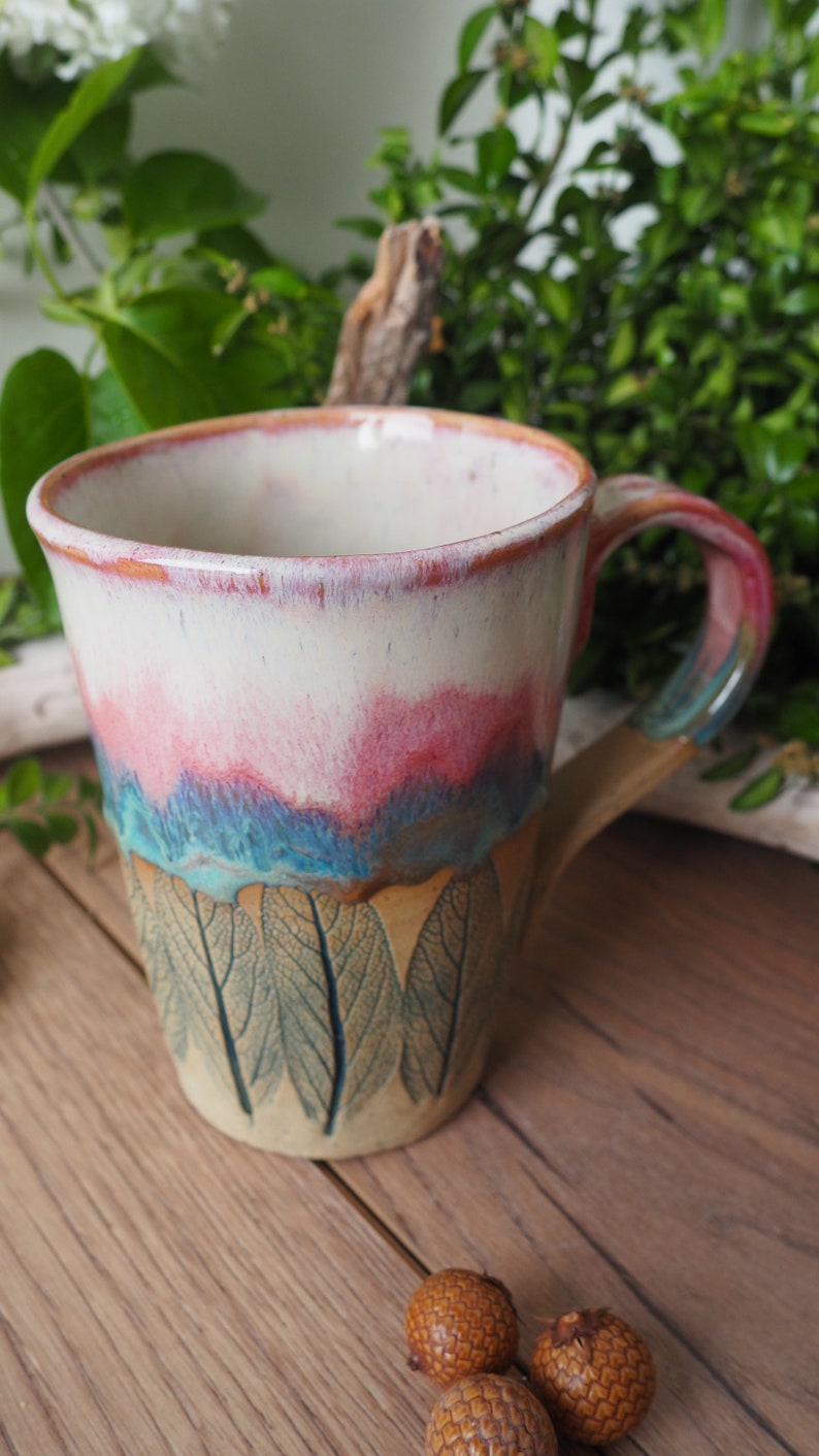 large handmade ceramic cup Sage Leaf// 500ml//potted//pink, turquoise, pink//drinking vessel, tea cup, coffee cup, mug//gift image 6