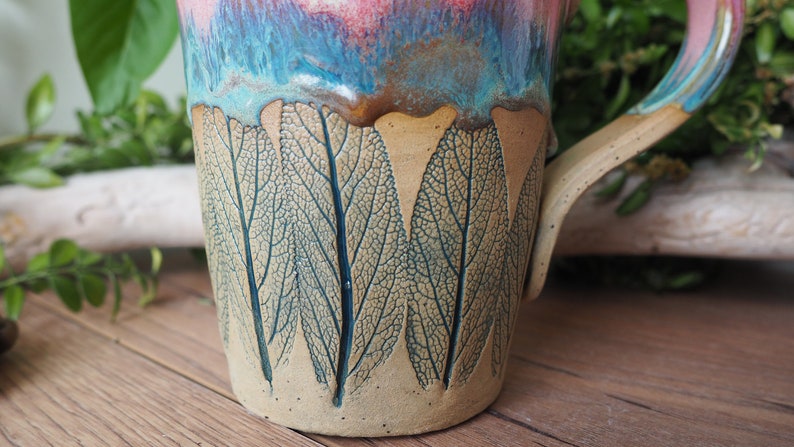 large handmade ceramic cup Sage Leaf// 500ml//potted//pink, turquoise, pink//drinking vessel, tea cup, coffee cup, mug//gift image 7