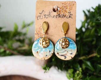 small pottery earrings, ceramic earrings, stainless steel//light//gold, turquoise//dangling earrings//pattern//clay//Boho jewelry//Beach