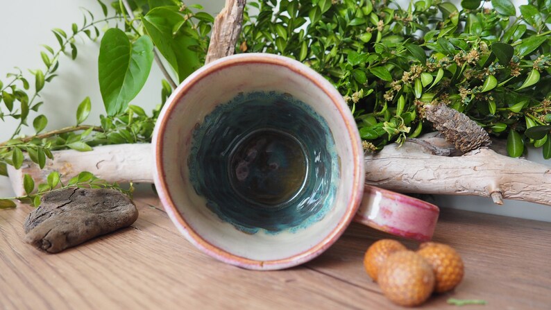 large handmade ceramic cup Sage Leaf// 500ml//potted//pink, turquoise, pink//drinking vessel, tea cup, coffee cup, mug//gift image 5