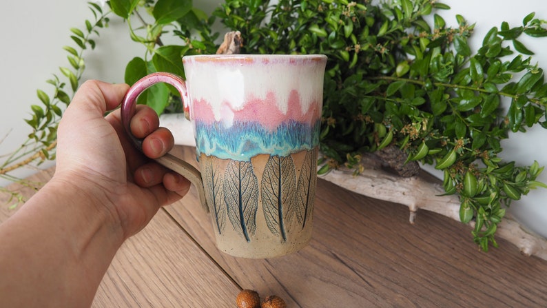 large handmade ceramic cup Sage Leaf// 500ml//potted//pink, turquoise, pink//drinking vessel, tea cup, coffee cup, mug//gift image 8