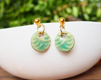 small pottery earrings, ceramic earrings, stainless steel//light//gold, turquoise//dangle earrings//pattern//clay//boho jewelry//gift