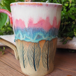 large handmade ceramic cup Sage Leaf// 500ml//potted//pink, turquoise, pink//drinking vessel, tea cup, coffee cup, mug//gift image 9