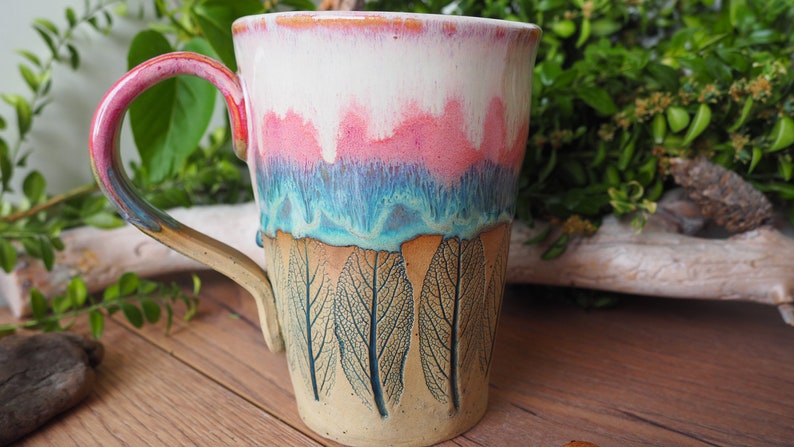 large handmade ceramic cup Sage Leaf// 500ml//potted//pink, turquoise, pink//drinking vessel, tea cup, coffee cup, mug//gift image 9