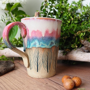 large handmade ceramic cup Sage Leaf// 500ml//potted//pink, turquoise, pink//drinking vessel, tea cup, coffee cup, mug//gift image 2