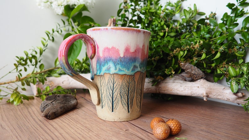 large handmade ceramic cup Sage Leaf// 500ml//potted//pink, turquoise, pink//drinking vessel, tea cup, coffee cup, mug//gift image 2