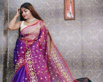 Handmade Handloom Handwaving Exclusive Design Partywear Maslin Jamdani Saree With Blouse Piece | Indian Traditional Masin Jamdani Saree