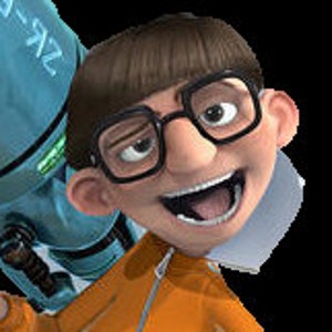 Peut inclure: Un personnage de dessin animé avec des cheveux bruns, des lunettes et un grand sourire portant une veste orange. Il tient un appareil bleu et vert avec le mot "Z2" dessus.