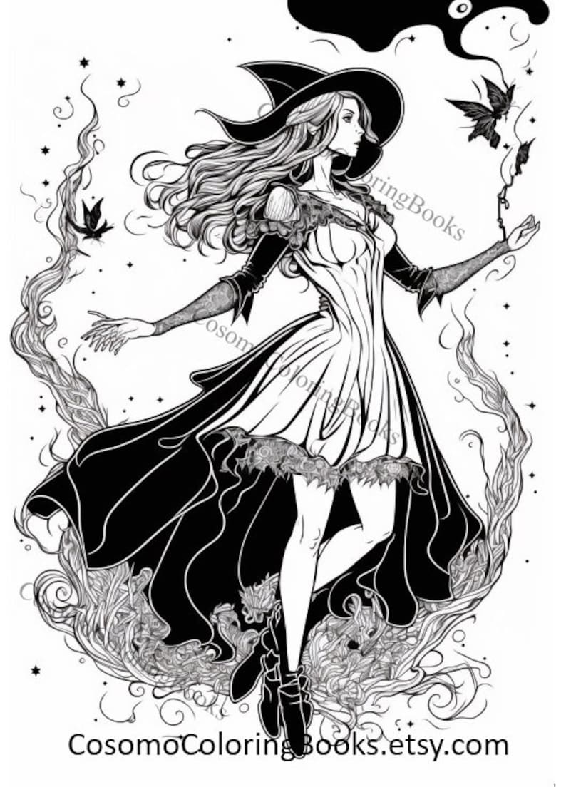 Female Wizard Witch Coloring Pages for Adults & Kids Magical Fantasy