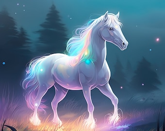 Krafttier Pferd, Digital Download, Spirituelle Kunst, Wunderschönes weißes Pferd im Wald bei Nacht