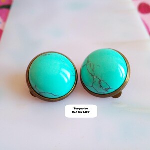 Orecchini a clip con pietre preziose, ametista, avventurina, quarzo rosa, occhio di tigre, onice, turchese, rubino, howlite, opale, cabochon rotondo, ottone Turchese
