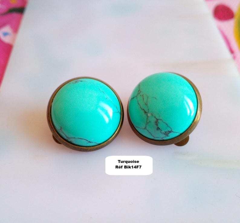 Orecchini a clip con pietre preziose, ametista, avventurina, quarzo rosa, occhio di tigre, onice, turchese, rubino, howlite, opale, cabochon rotondo, ottone Turchese