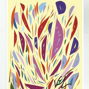 Carte postale, impression peinture art contemporain,abstrait geometrique colore, jaune rouge orange rose, bleu violet marron vert