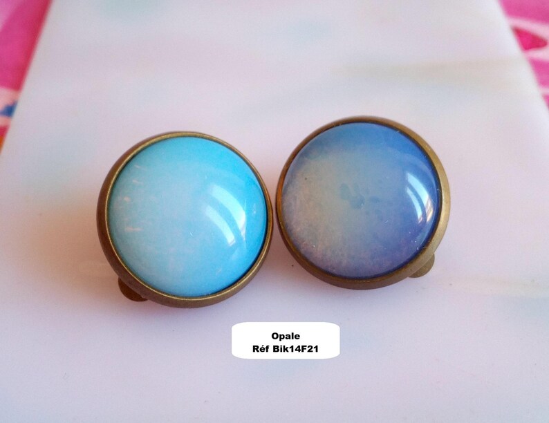 Orecchini a clip con pietre preziose, ametista, avventurina, quarzo rosa, occhio di tigre, onice, turchese, rubino, howlite, opale, cabochon rotondo, ottone Opale