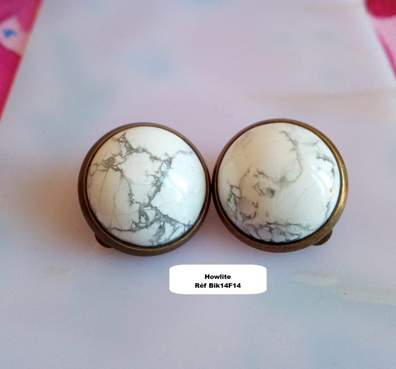 Orecchini a clip con pietre preziose, ametista, avventurina, quarzo rosa, occhio di tigre, onice, turchese, rubino, howlite, opale, cabochon rotondo, ottone Howlite