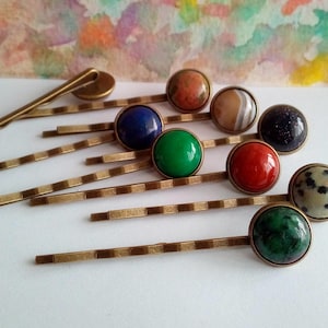 pince à cheveux chapeau cravate laiton bronze avec pierre gemme semi precieuse lapis lazuli jaspe jade rubis agate pierre sable bleu