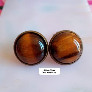 Orecchini a clip con pietre preziose, ametista, avventurina, quarzo rosa, occhio di tigre, onice, turchese, rubino, howlite, opale, cabochon rotondo, ottone Occhio di tigre