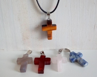 Natural stone cross pendant in smoky pink and white quartz, amethyst, tiger's eye, carnelian, lapis lazuli, and sodalite; perfect gift for Christmas or birthdays.