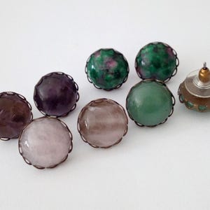 Clous oreilles quartz pierre precieuse,amethyste aventurine turquoise howlite rubis opale onyx oeil  tigre,cabochon rond,fait main en France