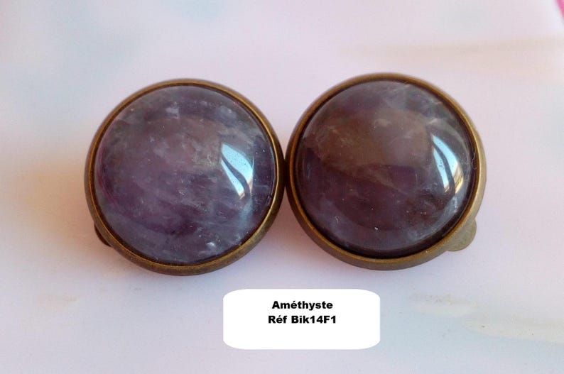 Orecchini a clip con pietre preziose, ametista, avventurina, quarzo rosa, occhio di tigre, onice, turchese, rubino, howlite, opale, cabochon rotondo, ottone Ametista