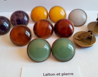 Precious stone ear clips, labradorite carnelian aventurine, amethyst rose quartz, tiger's eye calcite, round cabochon, brass