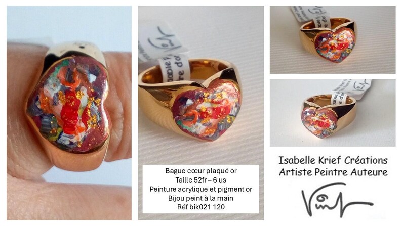 May include: A gold-plated ring with a heart-shaped face. The heart features a colorful abstract painting with red, orange, and gold accents. The ring is a unique piece of wearable art.