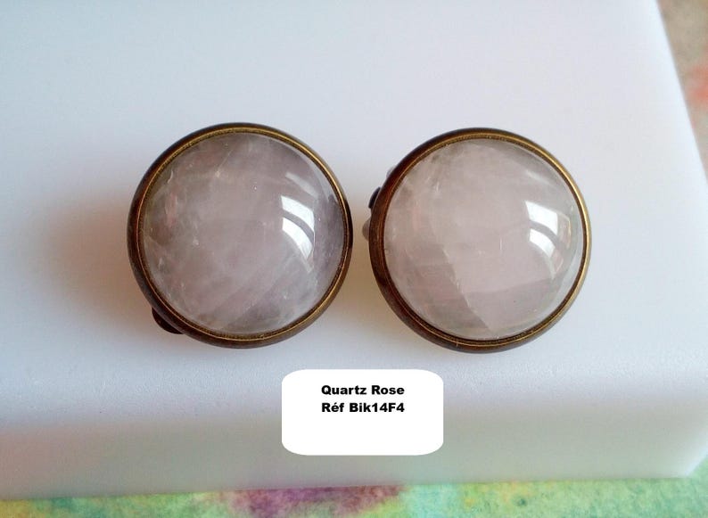 Orecchini a clip con pietre preziose, ametista, avventurina, quarzo rosa, occhio di tigre, onice, turchese, rubino, howlite, opale, cabochon rotondo, ottone Quarzo rosa