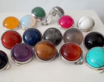 Orecchini a clip in pietre naturali: sodalite, onice, quarzo turchese, acciaio inossidabile con cabochon rotondi, realizzati in Francia, regalo di Natale